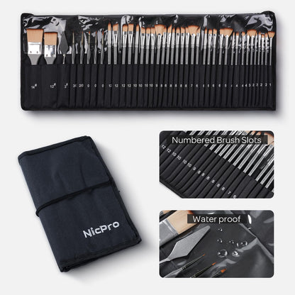 Nicpro 40 PCS Paint Brush Set, Professional Acrylic Paint Brushes with Palette Knife and Canvas Roll, Suitable for Acrylic Painting, Oil, Watercolor, Gouache, Art Supplies Painter Gifts for Artist