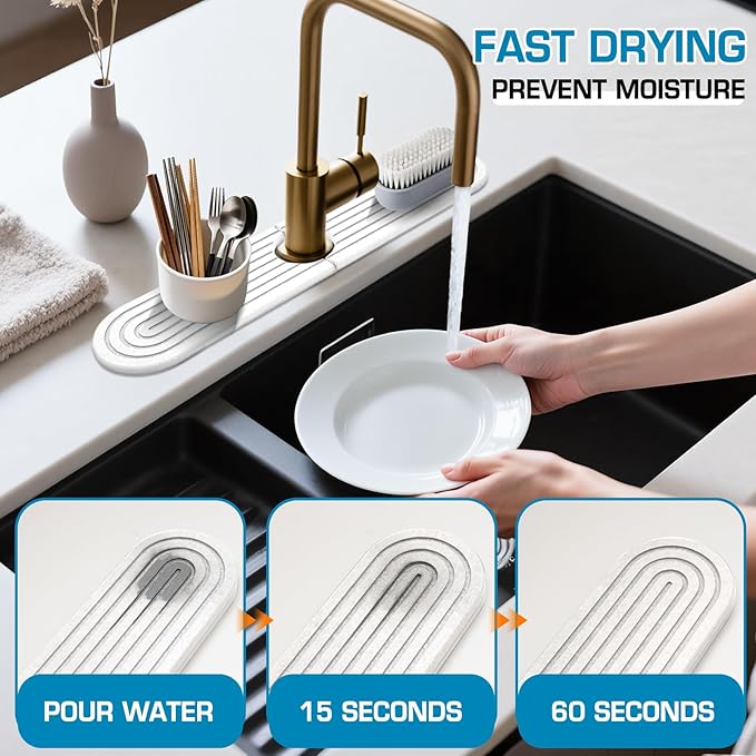 White Diatomite Faucet Mat, Fast-Drying Stone Sink Tray&Splash Guard