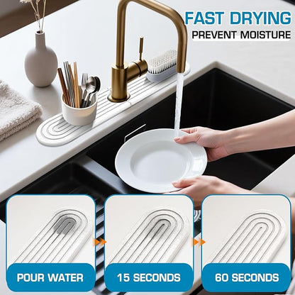 White-Oval 15.7" Diatomite Kitchen Faucet Mat & Stone Sink Tray – Quick Drying