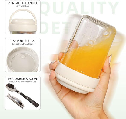 Overnight Oats Containers with Handles & Lids – 16oz Glass Mason Jars with Spoons & Fruit Compartments, Meal Prep Breakfast Jars, 2 Sets (Cream, Purple)
