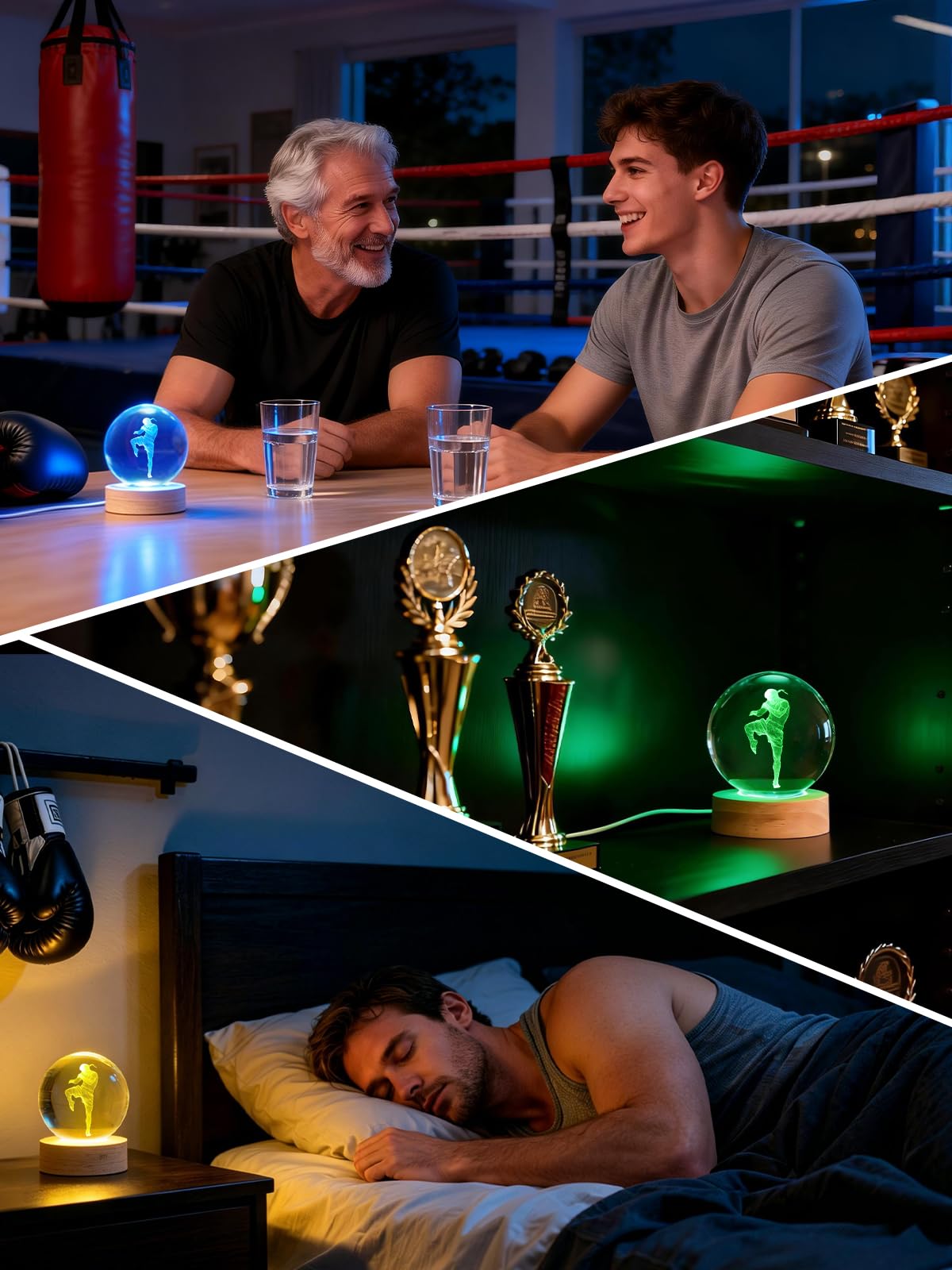 Ammonite Muay Thai Crystal Ball 3D Night Light, 16 Colors Changing with Remote Control Wooden Base, Glass Figurines Statue, Christmas Birthday Gifts for Nak Muay Kids Boys Men