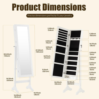 HAPPYMONT Freestanding Jewelry Armoire Cabinet with Full Length Mirror, 47.3" Tall Lockable Jewelry Cabinet, Large Capacity Makeup Organizer with Velvet Lining, 3 Adjustable Angles, White
