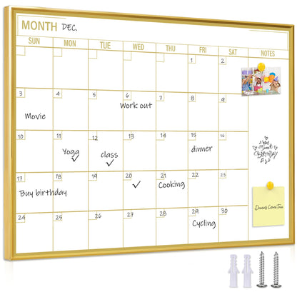 Marribol Golden Monthly Dry Erase Calendar Whiteboard for wall-16"X12" Portable Aluminum Frame,Magnetic Calendar White Board,Wall Planner Dry Erase Board for Office, Kitchen, School, Home-GG