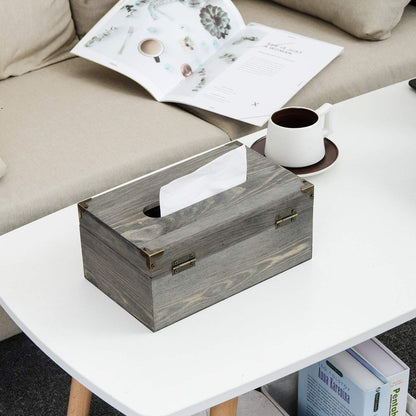 Liry Products Rustic Gray Distressed Wood Facial Tissue Paper Box Metal Corner Brackets Hinge Lid Top Cover Torched Wooden Holder Standard Size Rectangular Napkin Dispenser Bathroom Kitchen Bedroom