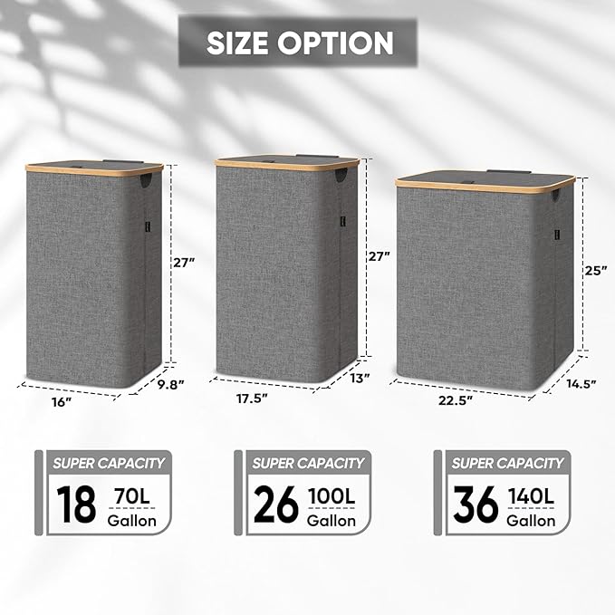 BALEINE Laundry Hamper with Lid, Tall Laundry Baskets with Bamboo Pull Handles
