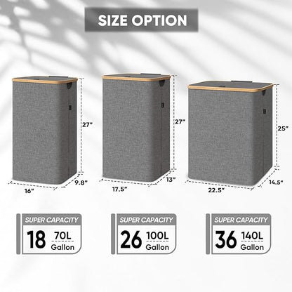 BALEINE Laundry Hamper with Lid, Tall Laundry Baskets with Bamboo Pull Handles