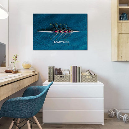 KLVOS Inspirational Success Teamwork Canvas Wall Art Rowing Team on Blue Ocean Framed Motivational Self Positive Office Quotes Picture Gallery Wrap Modern Home Office (24"x36")