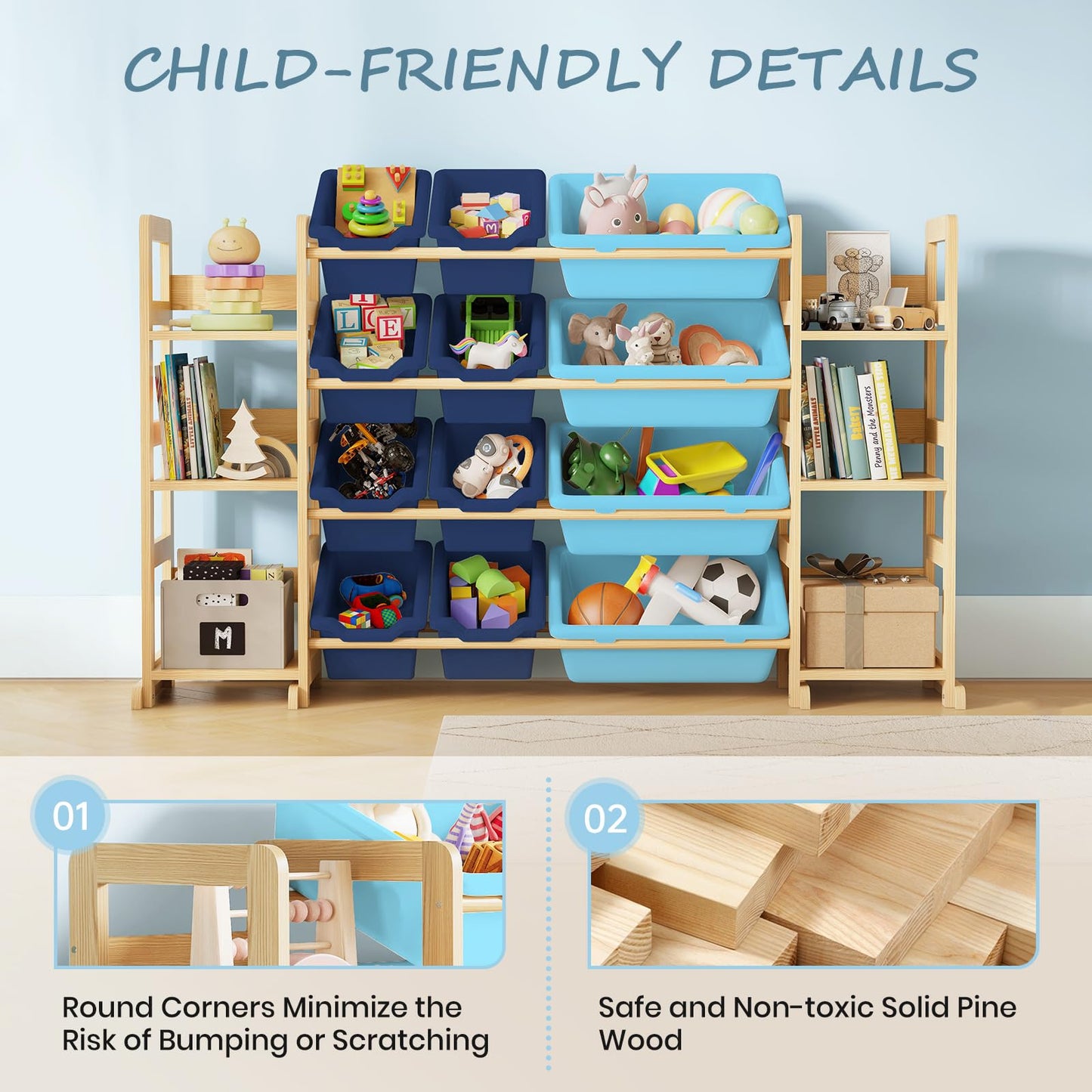 EXPERLAM Extra Large Toy Storage - Toy Storage Organizer, Wooden Toy Organizer with 6 Side Shelves and 12 Bins, 3-in-1 Bookshelf for Kids Rooms, Playroom, Nursery, Blue