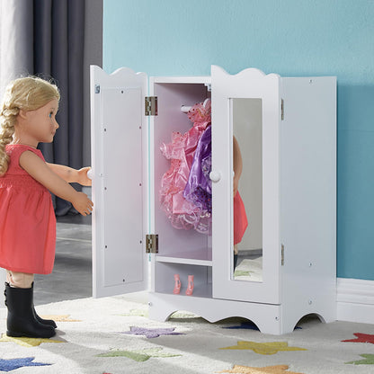 Wooden Doll Clothes Wardrobe with Mirror, 6 Hangers & Storage for 18 Inch Dolls, White Furniture Organizer for American Girl Doll & Barbie, Kids Toy for Organization & Imaginative Play