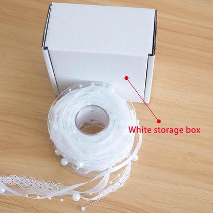 Youmeizer 5M /5.5 Yard 4-in-1 Pearl String Satin Ribbon Lace Organza for Wedding Flower Christmas Tree Decoration Sewing Craft Packaging (White)