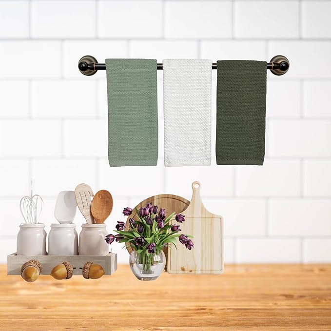 Sage White Dark Green Kitchen Hand Dish Towels: Oversized 28" x 18", 100%