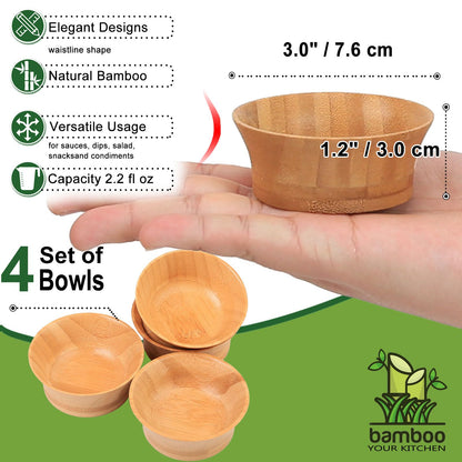 ZTHapwa Mini Bamboo Bowls, 2.2 OZ Soy Sauce Dish for Salsa/Dipping, Natural Bamboo Wooden Pinch Bowls for Snack/Fruit/Candy, Condiments Serving Bowl Set of 4