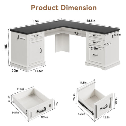 Jocoevol L-Shaped Executive Desk with Drawers, 59" Farmhouse Home Office Desk with File Cabinet, Computer Desk with Charging Station & Headphone Hook for Work/Study/Writing (White & Black, L-Shaped)
