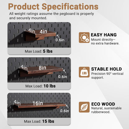 SEMPOMA Pegboard Shelf Set Compatible with IKEA Skadis Pegboard - Walnut Finish Wood Shelves, 4-Pack No Assembly Pegboard Wall Organizers