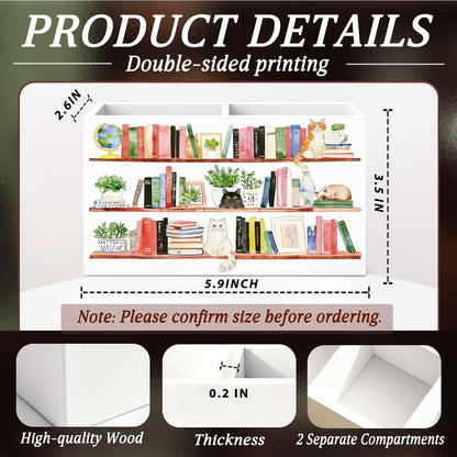CalmVerve Book Lover Cat Pen Pencil Holder for Desk, Book Lover Reader Bookish Gifts, Retro Whimsical Bookshelf Cat Pencil Holders Wooden Box Organizer for Home Library Reading Room Desk Tabletop