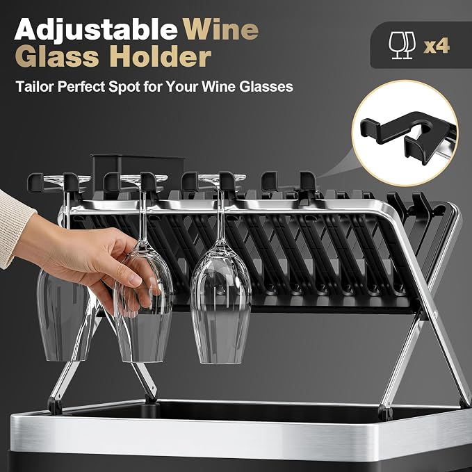 Dish Drying Rack, 2-Tier Stainless Steel Dish Rack with X-Frame and Drainage Spout, Large Collapsible Dish Drainer for Kitchen Counter, Dish Strainer with Utensil and Wine Glass Holder, Black