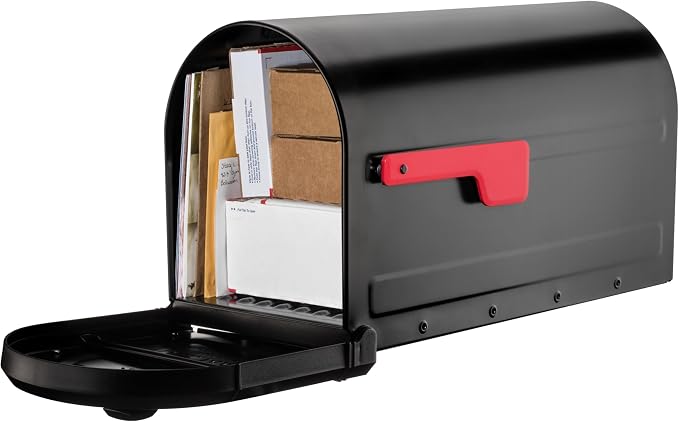 Architectural Mailboxes Roxbury Post Mount Mailbox, Black, Large | Galvanized steel build for outside with rust-resistant powder-coat finish and a magnetic door closure. USPS approved.