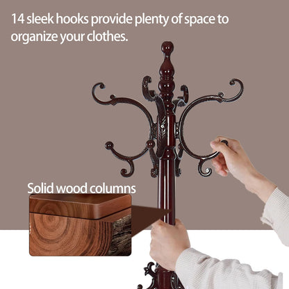 Hebtwebf Wooden Coat Racks, Retro 78" Coat Tree with 12 Hooks & Stable Triangular Base, Entryway Coat Rack Freestanding for Hat, Clothes, Scarves, Handbags, Umbrella (Mahogany)