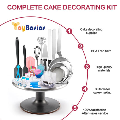 Aluminum Alloy Revolving Cake Stand & Carrier - 268PCS Kit with 54 Piping Tips, Acrylic Cake Discs, Various Spatulas