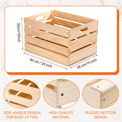 Weysat 3 Pack Large Wood Crates Box for Storage 24 x 15 x 12 inch Unassembled Wooden Milk Crates with Handle Decorative Nesting Box for Display Rustic Decor DIY Office Home Retail Art Craft (Wood)