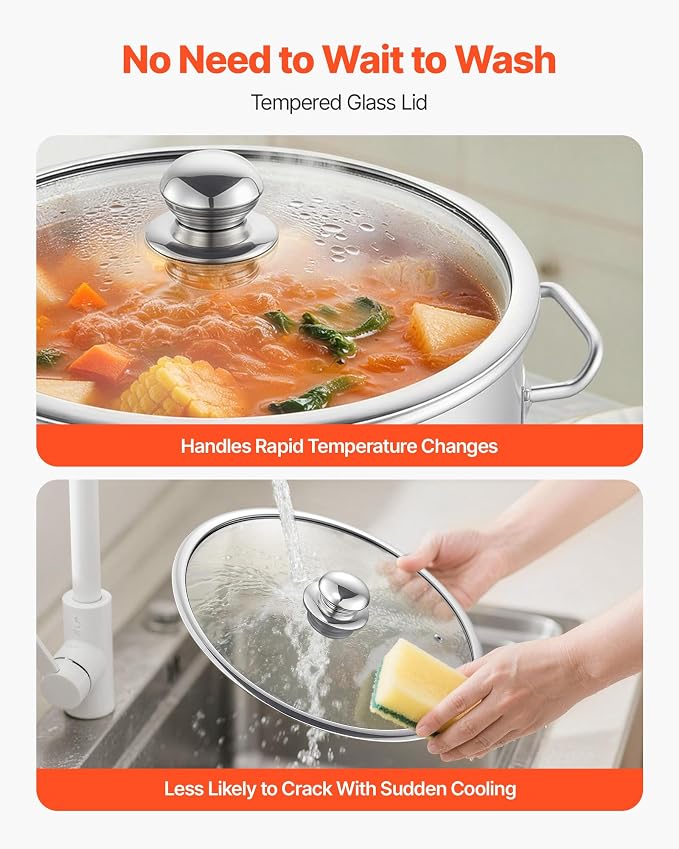 VEVOR Stainless Steel Stock Pot, 21-Quart Stainless Steel Stockpot with Glass Lid, PFOA-Free, PFAS-Free, Compatible with Gas Stoves, Induction Cooktops, Electric Stoves, for Soups, Stews, and Pasta