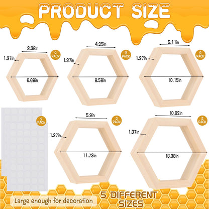 CIEOVO 10 Pcs Honey Comb Decorations, 5 Sizes Farmhouse Wood Hexagon Shelves Honeycomb Centerpiece Cupcake Stand Bee Hive Display Holder for DIY Birthday Wedding Baby Shower Honeybee Party Decor