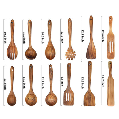 12 Pack Wooden Spoons for Cooking - Natural Teak Kitchen Utensils Set with Spatulas