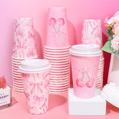 FYSUIMU 50 Pcs Pink Bow Coffee Paper Cups Cherry Bowknot Coquette 16 Oz Disposable Cups with Lids for Hot Cold Drinks Birthday Baby Shower Bachelorette Party Supplies, 2 Designs