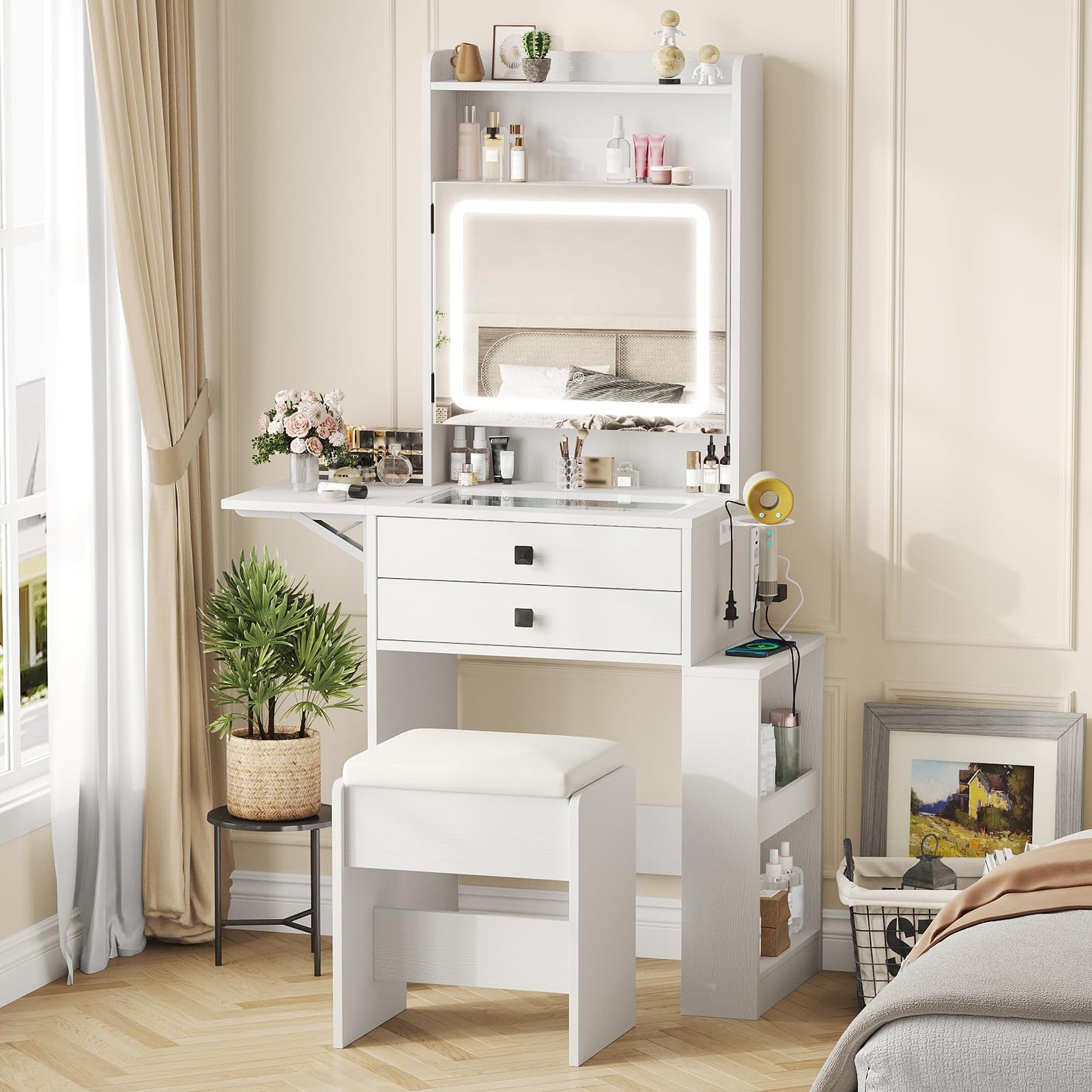 Vabches Small Makeup Vanity Desk with 3 Adjustable Lighted Mirror, White Vanity Set with Fold-up Panel and Charging Station, Glass Top Dressing Table with Drawers and Chair, 2 Hidden Storage Shelves