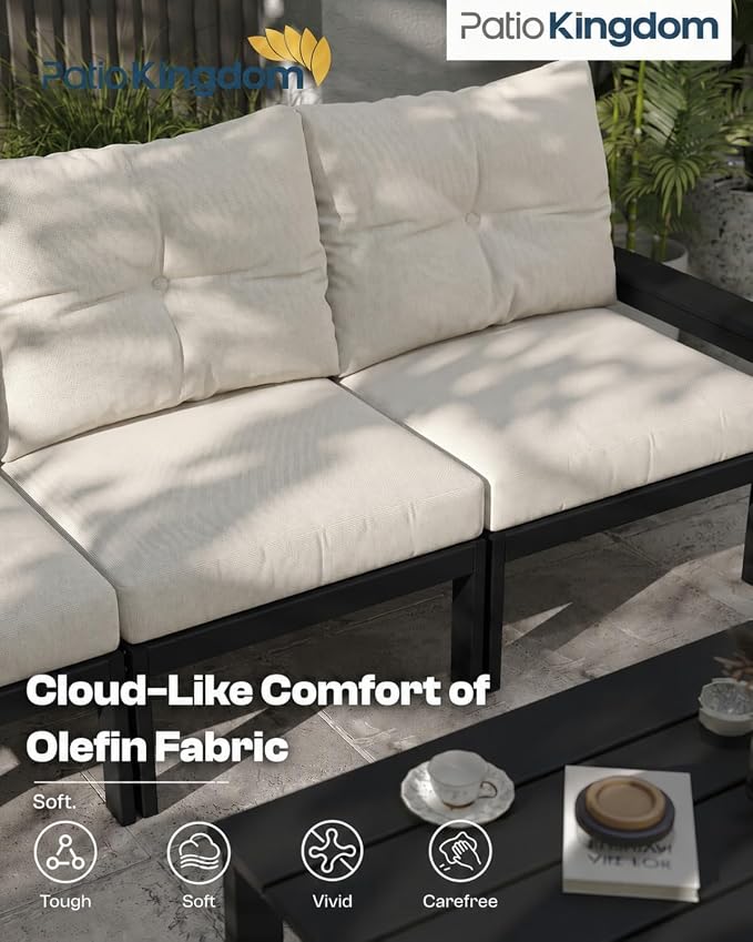 HDPE Outdoor Patio Furniture Set, 6-Piece Patio Conversation Sets with Coffee Table & Side Table & Beige Washable Thick Cushions, Outdoor Sofa for Balcony, Porch (Black Frame)