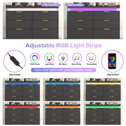 UNIQUITE 6 Drawer Dresser for Bedroom, Black Dresser with LED Lights and Power Outlet, Wooden Dressers Chests of Drawers, Double Wide Dressers for Bedroom, Entryway, Hallway