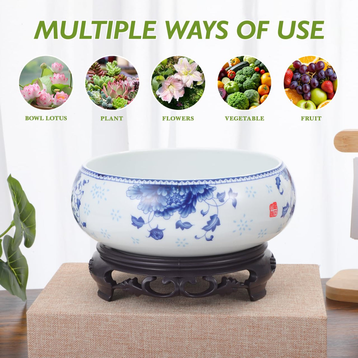 YARNOW Lotus Bowl Planter with Stand - Non Hole Ceramic Bonsai Pot for Water Lily, Succulents, and Small Plants, 7 x 6.3 x 4 Inch