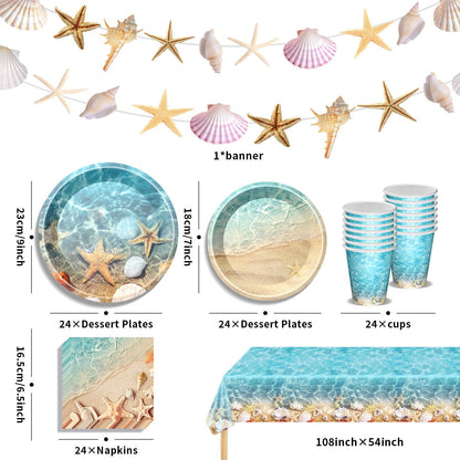Seashell Party Supplies Ocean Beach Party Supplies Tableware with Seashell Beach Paper Plates Napkins Cups Tablecloth Banner for Summer Hawaiian Birthday Decorations, Serves 24
