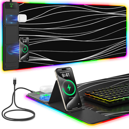 Mouse Pad with Wireless Charging, Large Desk Mat RGB Gaming Mousepad, 10 Light Colors LED Gaming Pad Keyboard Pad with Ultra-Smooth Surface & Non-Slip Rubber Base, Waterproof Full Desk Mouse Pad