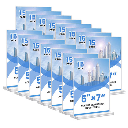 Acrylic Sign Holder, 5x7, 15 Pack Vertical Clear Table Menu Display, Double Sided, Plastic Stand, Suitable for Restaurants, Office, Store, Fair