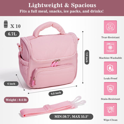 HASHMUST Lunch Bag for Women Adults, Portable Insulated Puffer Lunch Tote Bag, Reusable Leakproof Lunch Box Cooler with Handles For Work Picnic Travel Trip - Pink