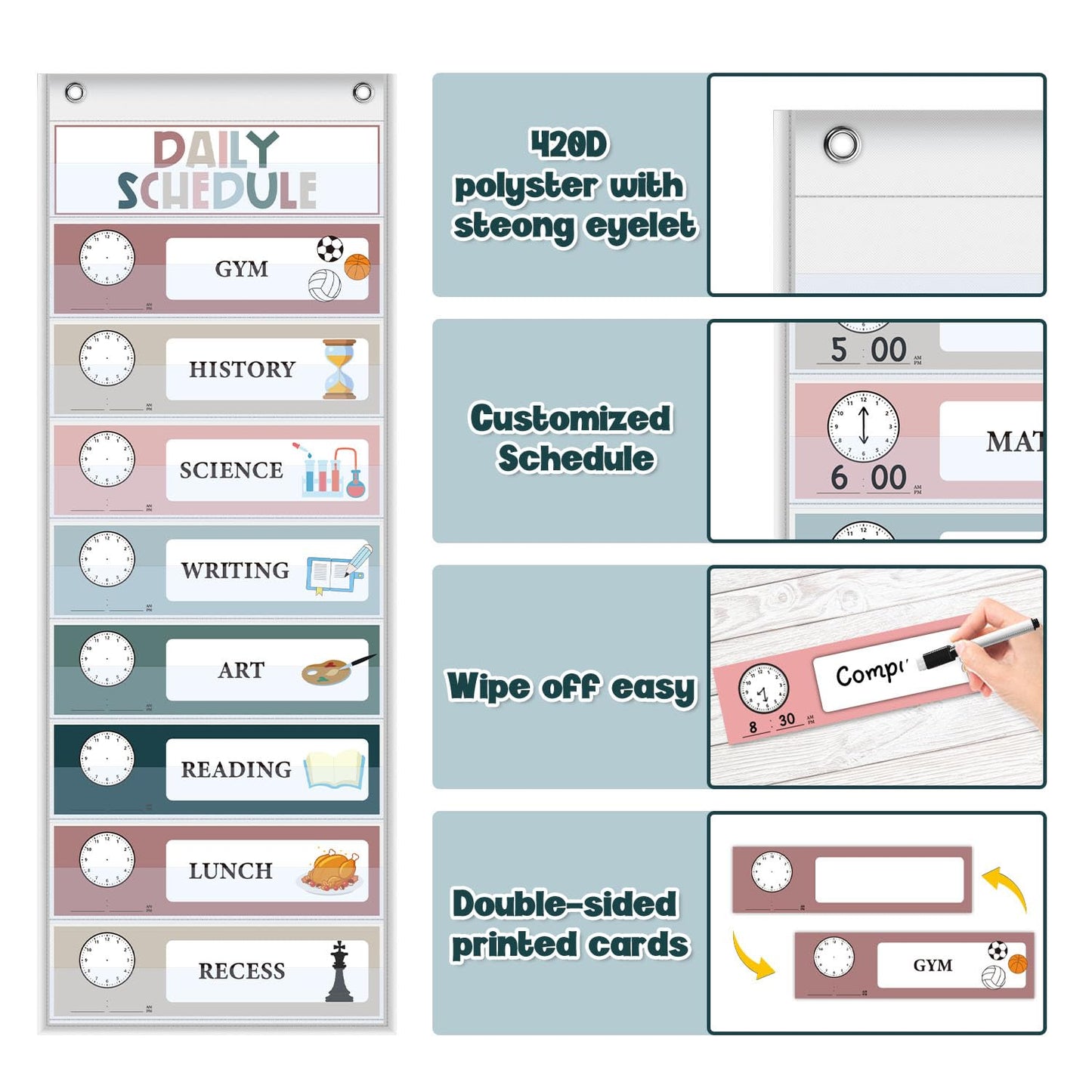 Monthly Calendar Pocket Chart for Classroom, Printed Days of The Week with Cards, Learning for Home or Kindergarten, Teacher Must Have Supplies That Fits Any School Décor (White Calendar+Daily Schedule)
