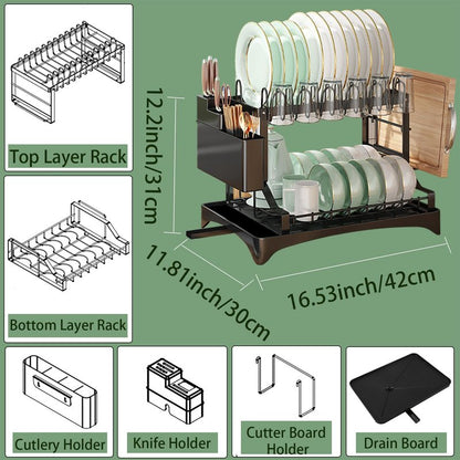 BOOLKER Dish Drying Rack, 2 Tier Dish Racks for Kitchen Counter, Detachable Dish Drainer Organizer with Utensil Holder, Drying Rack with Drain Board, Black, A Mat for Cutting Board