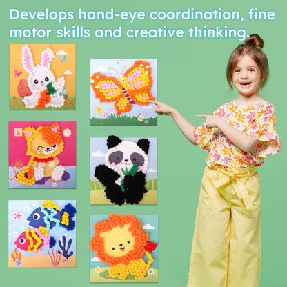 iCraftine Pom Poms Craft Kit for Building Fine Motor Skills & Hand-Eye Coordination, 6 Patterns Pompoms Arts & Crafts Sets for Kids Ages 5+