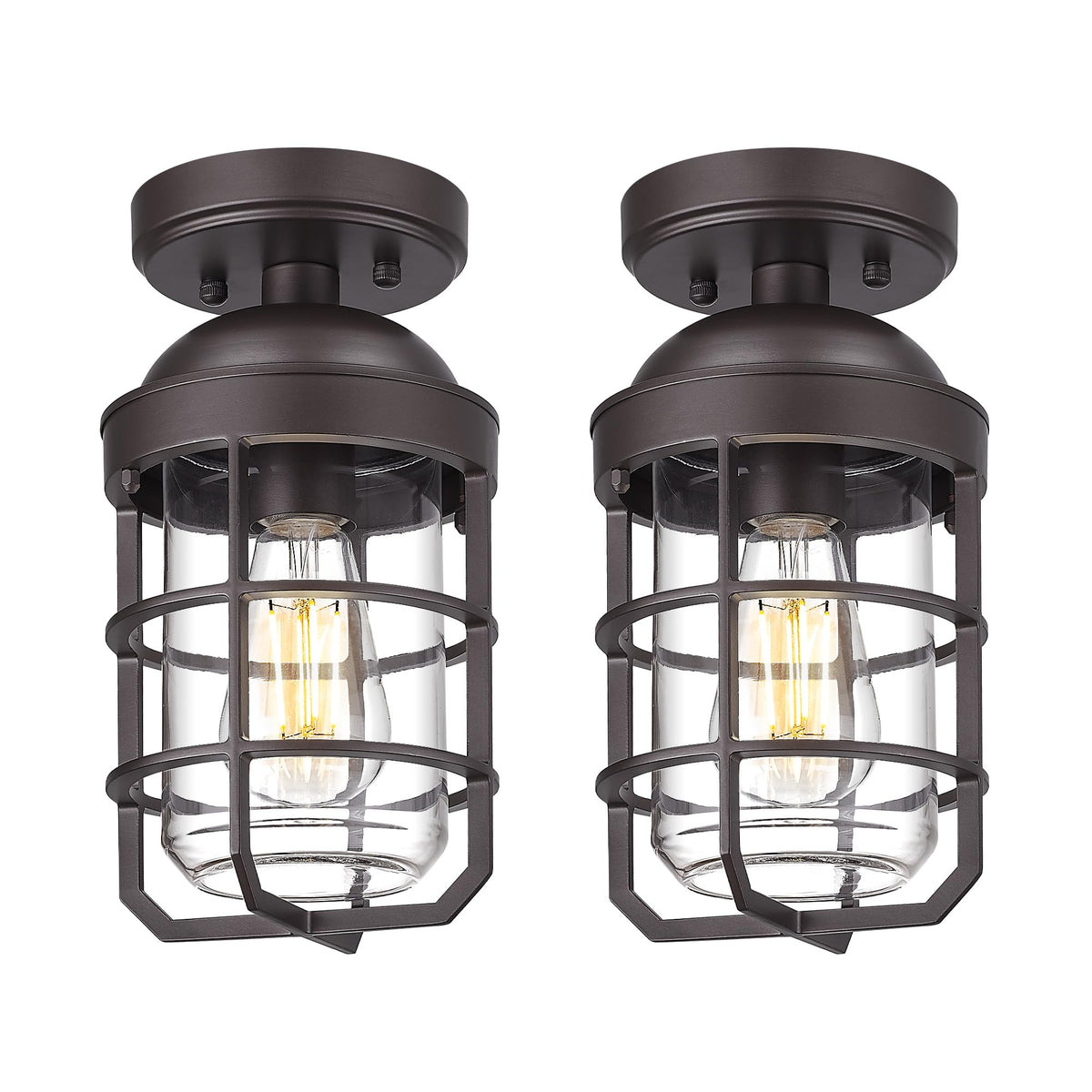 Emliviar Semi Flush Mount Ceiling Light Fixtures, 2 Pack, Oil Rubbed Bronze, Clear Tempered Glass Shade, Model GE255LF-2PK ORB