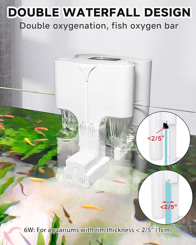 AQQA Hang On Aquarium Filter, Power Waterfall HOB Fish Tank Filter with Surface Skimmer, Adjustable Flow, Silent Multi-Stage Filtration for Freshwater & Saltwater, for Rimless Aquariums (6W 54GPH)