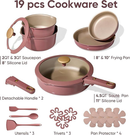 CAROTE Pots and Pans Set, Nonstick Cookware Sets with Detachable Handle, Oven Safe, Cookware Non Stick Cooking Set w/Frying Pans & Saucepans Red(PFOS, PFOA Free)