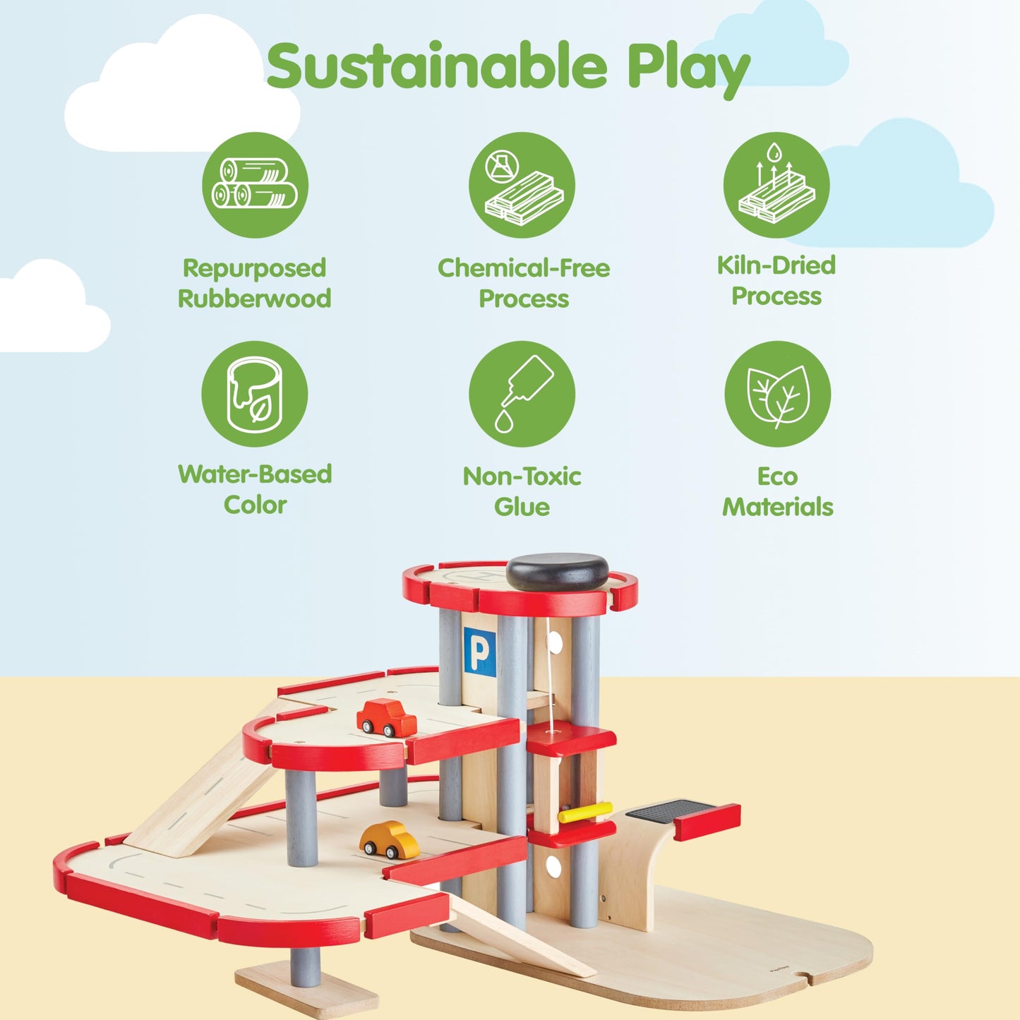 PlanToys® Parking Garage Wooden Montessori Imaginative and Creative Play Set | Problem Solving, Social Interaction and Early Coordination Activity | Eco Friendly Vehicle and Ramp Play Set