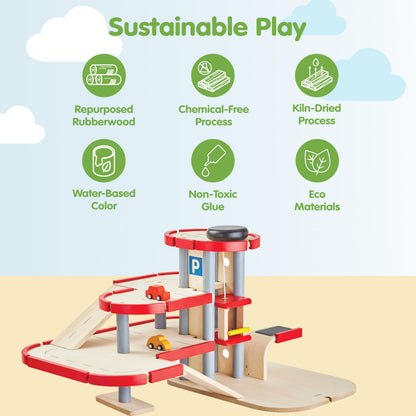 PlanToys® Parking Garage Wooden Montessori Imaginative and Creative Play Set | Problem Solving, Social Interaction and Early Coordination Activity | Eco Friendly Vehicle and Ramp Play Set