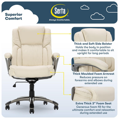Serta Garret Executive Office Chair, Ergonomic Mid-Back with Lumbar Support, Semi-Plush Cushion and Body Pillows, Padded Armrests, Swivel Base, Bonded Leather, Ivory White
