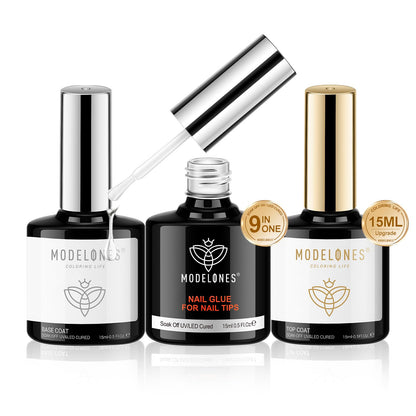 modelones Builder Nail Gel with Gel Top Coat, 3Pcs Clear Builder Nail Kit for Thickening Apex Building Extension Rhinestone Gel Tips Glue, U/V LED Lamp Cured for Home DIY Salon Girls