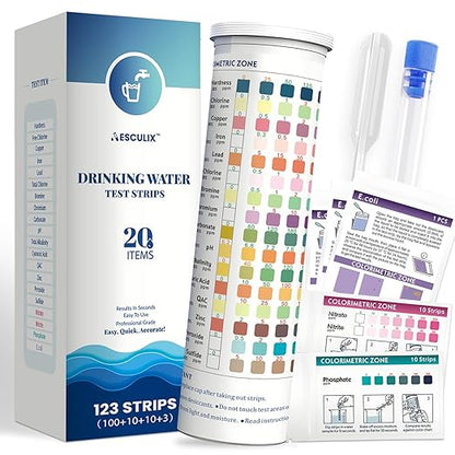 20 in 1 Water Tester for Drinking Water, Well Water Testing Kit, Suitable for Household Tap Water, Natural Water Quality Testing, Can Detect Water Hardness, Chlorine, Lead, Ph, Etc. (123 Test Strips)