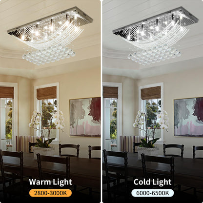Silver Rectangle Crystal Raindrop Chandelier for Living Room, 8 Lights Modern Flush Mount Crystal Ceiling Light Fixture Pendant Lamp for Kitchen Island, Dining Room, Closet, Wedding Decor of CRYSTOP