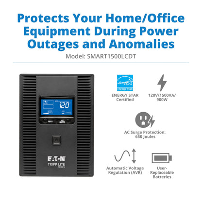 Tripp Lite 1000VA Smart UPS Battery Back Up, 500W Tower, 8 Outlets, LCD Display, AVR, USB, Tel / DSL / Coax Protection, 3 Year Warranty & $250,000 Insurance (SMART1000LCD) Black