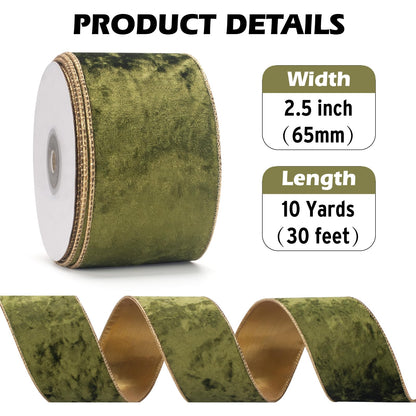 GHGMAO Olive Green Velvet Wired Ribbon, 2.5 Inch Crushed Velvet Ribbons with Gold Edge, Christmas Wired Ribbon for Gift Wrapping, Christmas Tree Decor, Wreath Supplies, Crafts Bow Making, 10 Yards